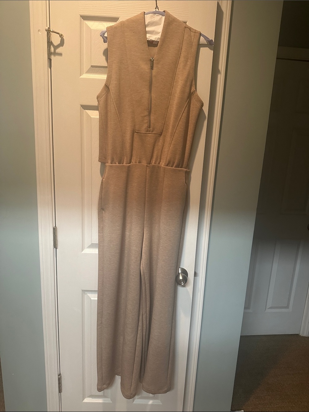 SPANX Sleeveless Camel Knit Jumpsuit with Front Zip